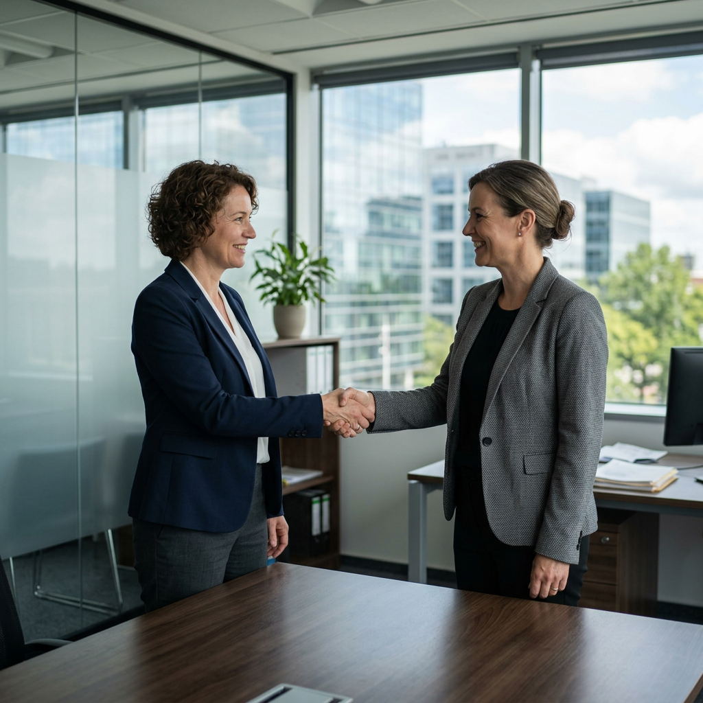 Two women in business attire shaking hands and smiling in office